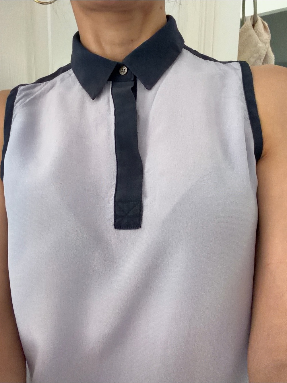 Club Monaco Lavender Silk Blouse with Navy Trim